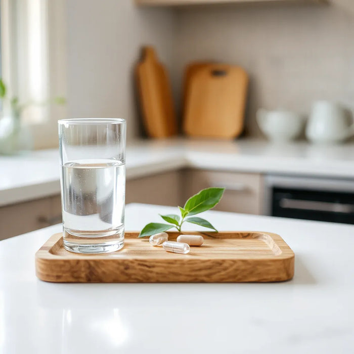 Natural light wellness scene with water and a small tray of supplement capsules beside a leaf