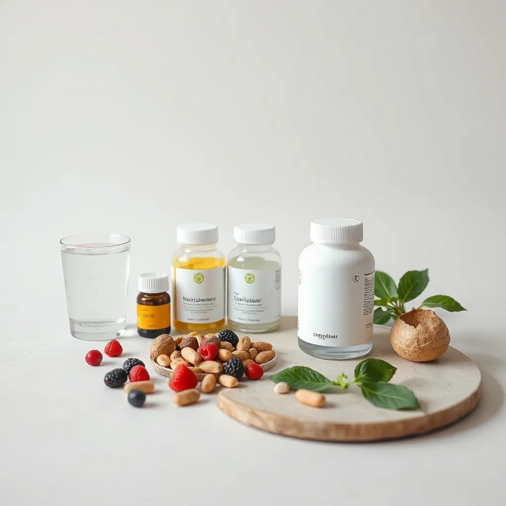 Minimal wellness scene with unbranded supplement bottles, water glass, and natural ingredients on a clean surface.