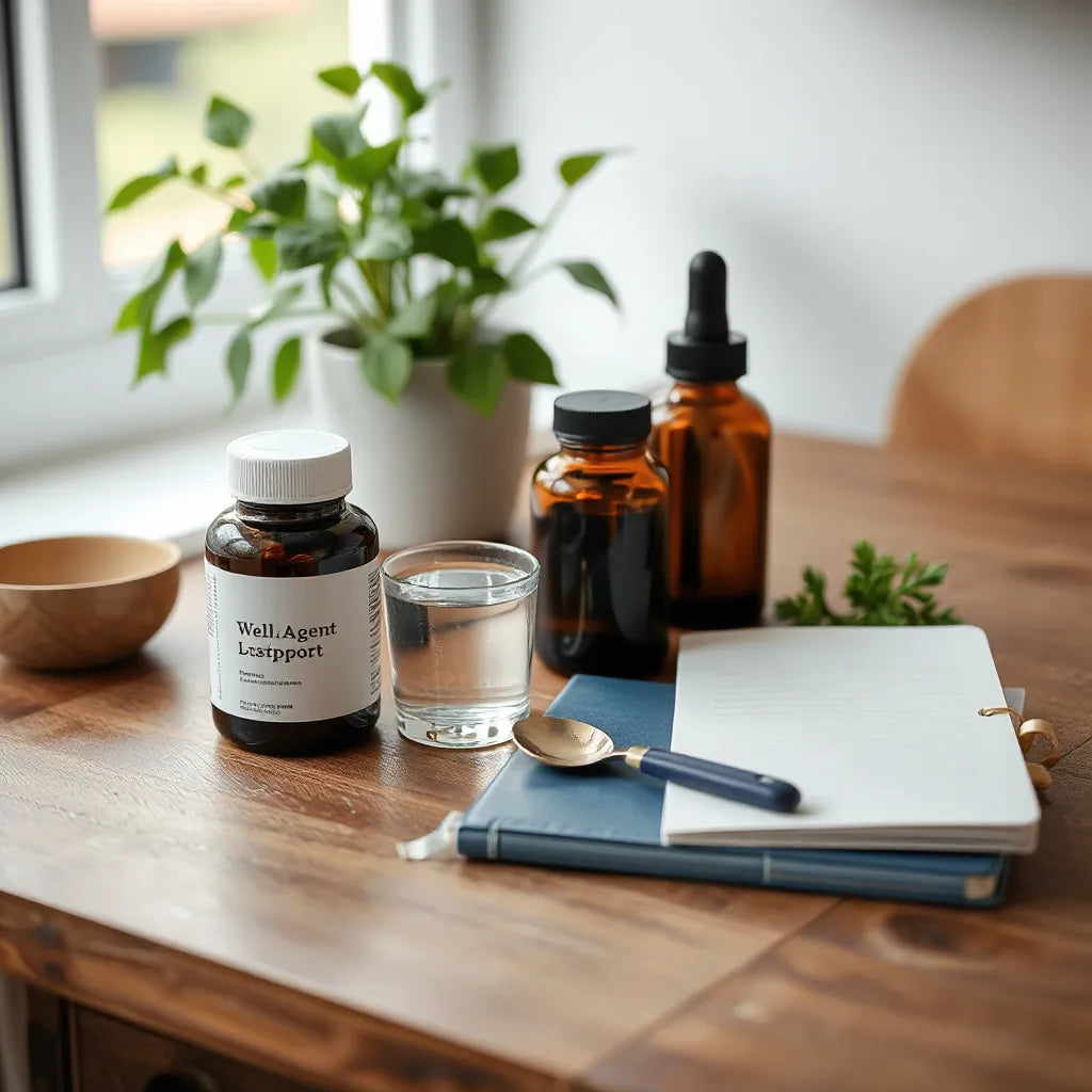 Neatly arranged supplement bottles and water on a wooden counter with soft morning light