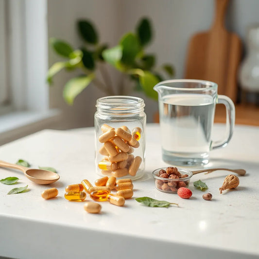 Minimal countertop with unlabeled supplement capsules, water, and natural ingredients for longevity wellness
