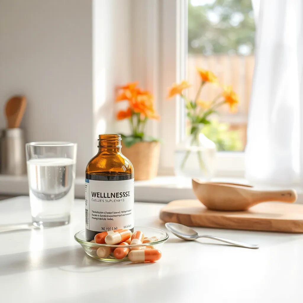 Wellness supplements on a kitchen counter with capsules and water, suggesting anti-aging and longevity support