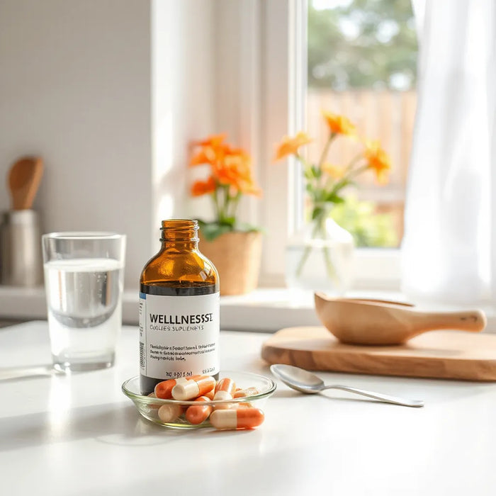 Wellness supplements on a kitchen counter with capsules and water, suggesting anti-aging and longevity support