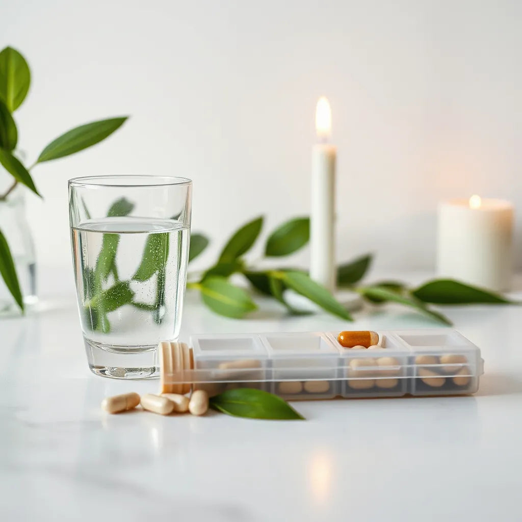 Minimal wellness setup with water glass, unlabeled supplement bottle, and pill organizer beside green tea leaves