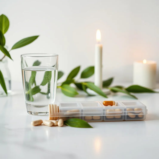 Minimal wellness setup with water glass, unlabeled supplement bottle, and pill organizer beside green tea leaves