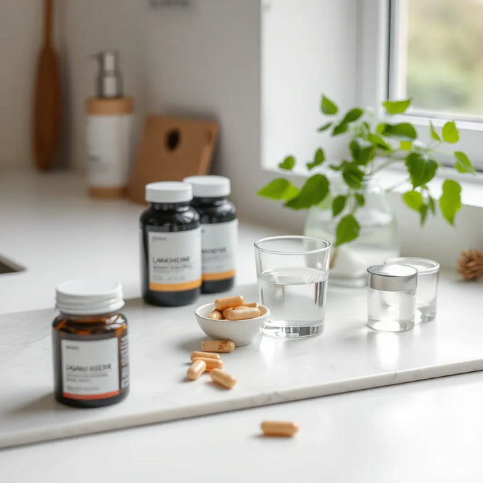 Neatly arranged supplements and capsules on a minimal countertop with soft daylight.