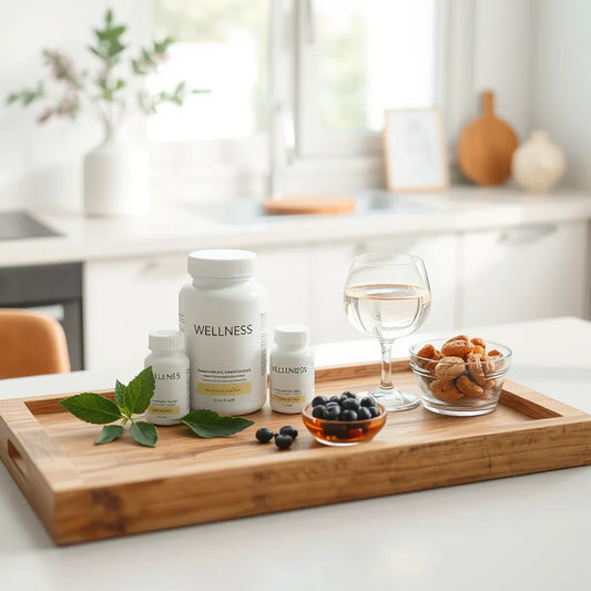 Minimal wellness setup with unlabeled supplement containers, water, and berries under soft natural light