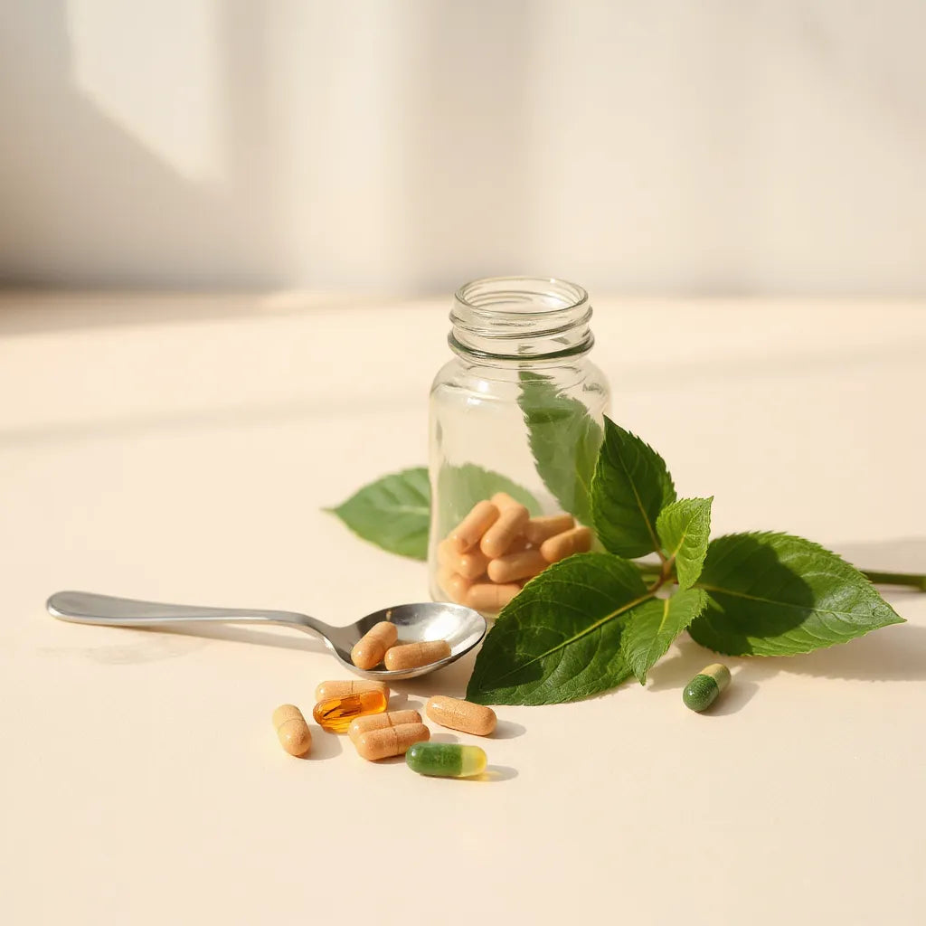 Minimal wellness still life with supplement bottle, capsules, and green leaves in soft natural light