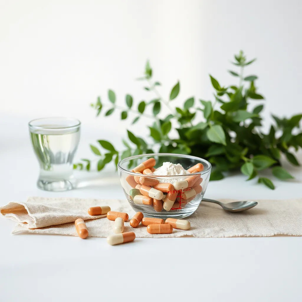 Mixed wellness supplements, measuring spoon, and water on a neutral surface with soft morning light