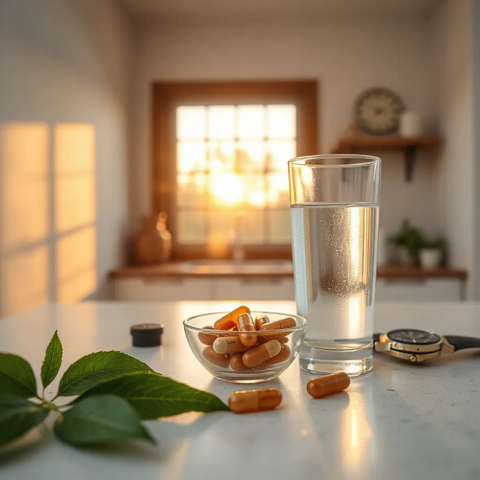 Minimal wellness tabletop with capsules, water, and natural leaves suggesting longevity and anti-aging support.