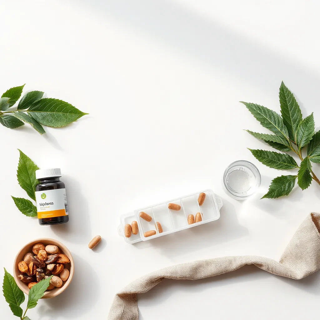Neatly arranged supplement bottles and a weekly pill organizer with nuts and water on a clean light background