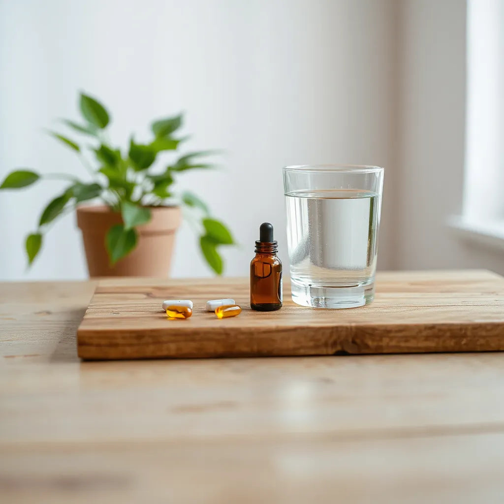 Neatly arranged supplement capsules and bottle on a wooden countertop with natural light