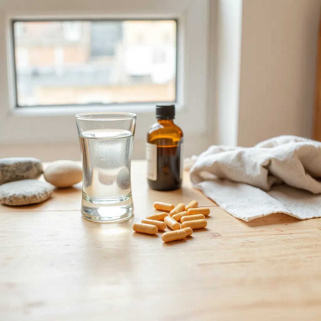 Neatly arranged supplement capsules and water on a wood table in soft natural light