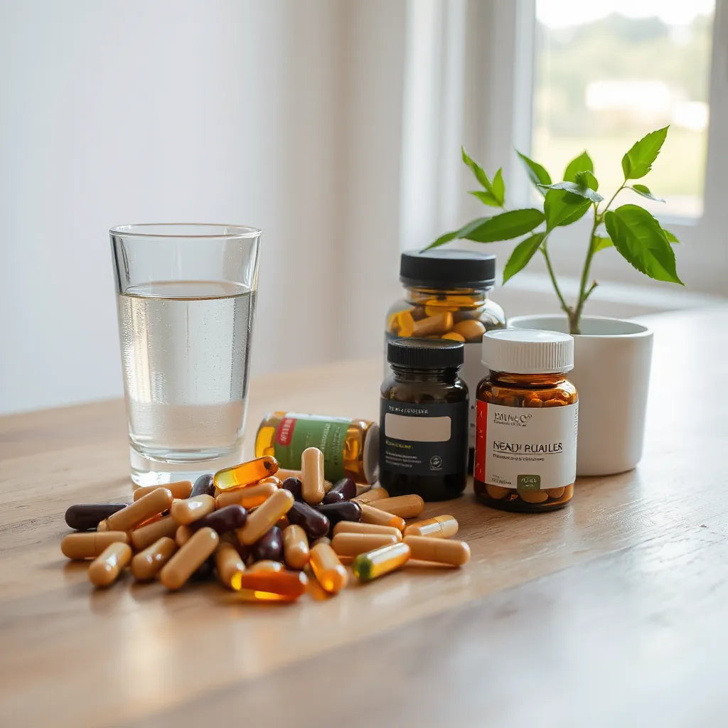Natural supplement capsules, a glass of water, and soft morning light on a clean countertop.