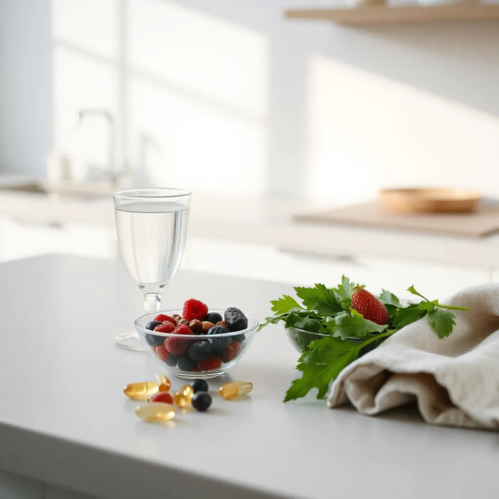 Capsules, water, and fresh ingredients on a bright counter for anti-aging longevity wellness support