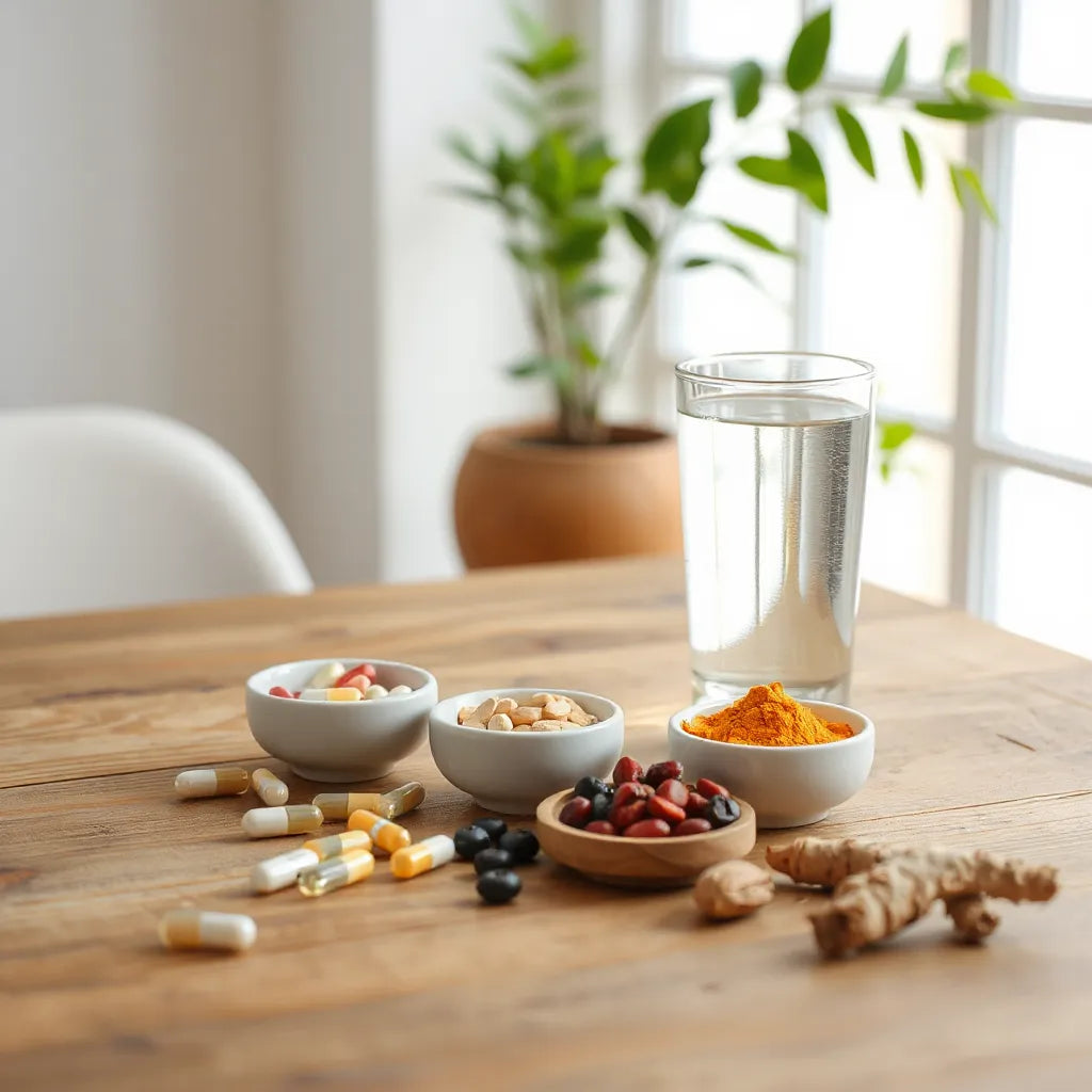 Neutral wellness table with water, supplement capsules, and natural ingredients in soft morning light