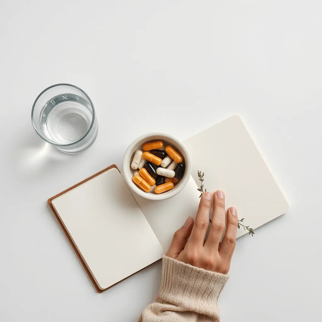 Natural supplement capsules and water on a minimal wellness setup with soft morning light.