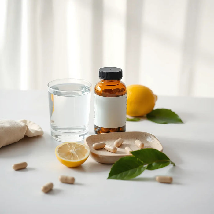 Fresh wellness setup with water, capsules, and supplement bottle silhouette on a bright neutral table.