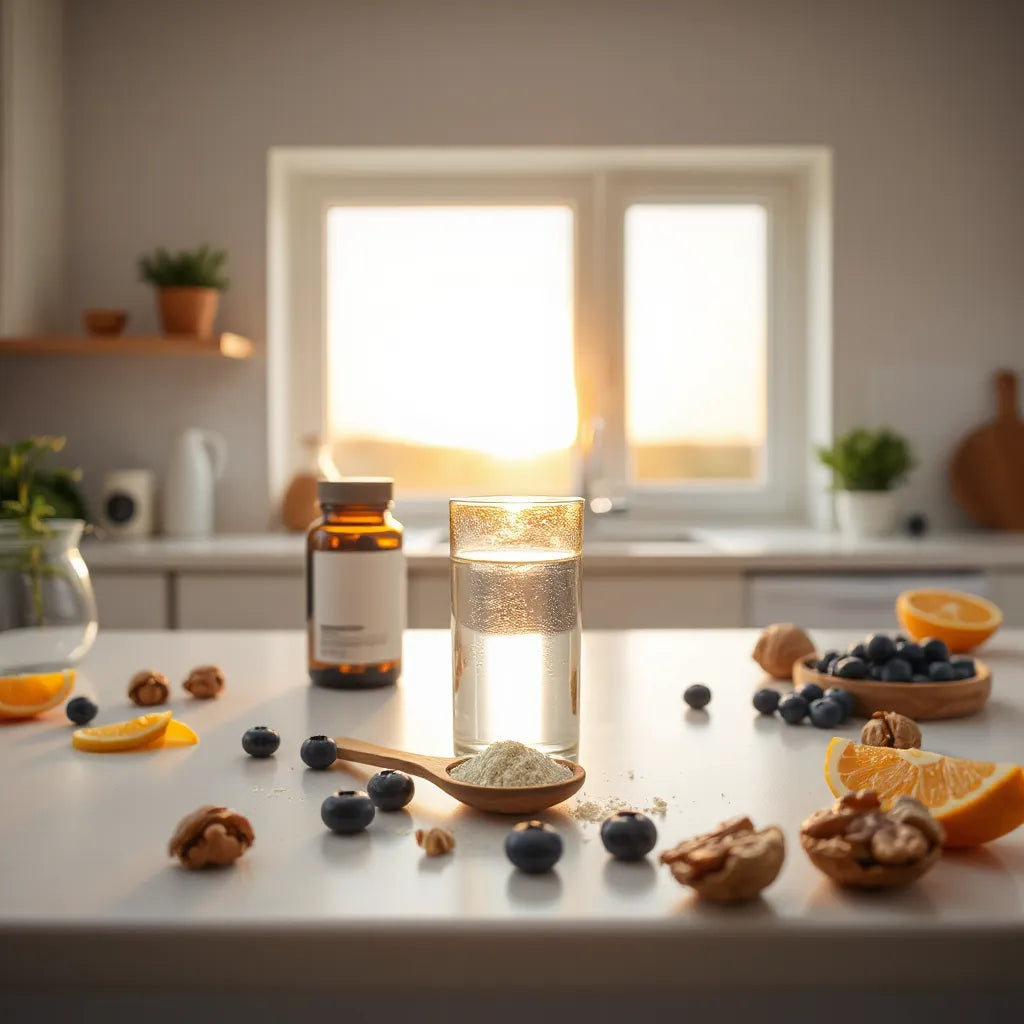 Minimal countertop setup with water, natural supplements, and whole foods representing longevity support