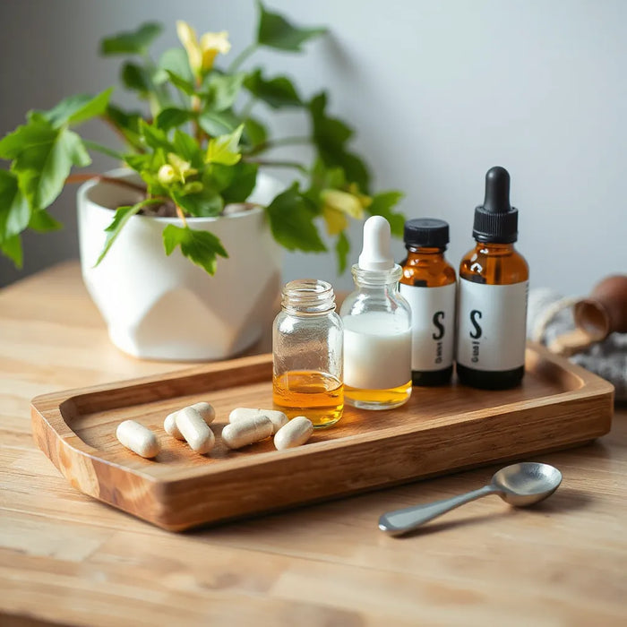 Wood tray with supplement capsules and small bottles beside natural skincare items under warm morning light