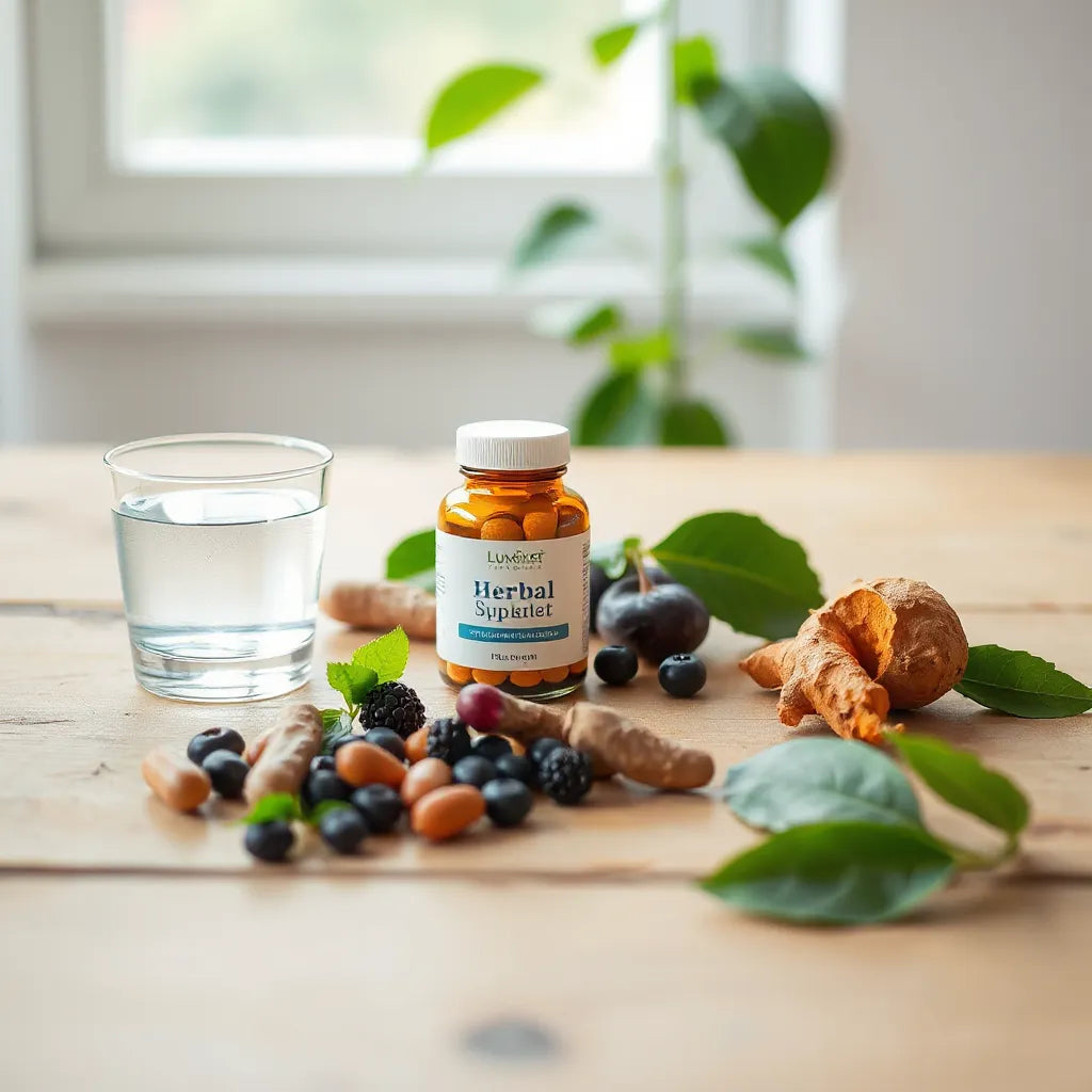 Minimal wellness setup with supplement capsules, water, and natural ingredients in soft morning light