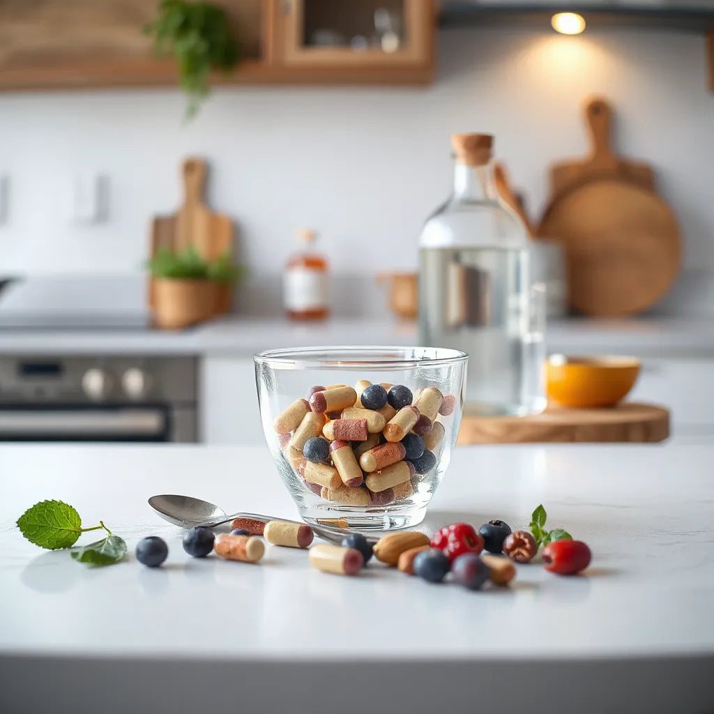 Mixed wellness capsules and natural ingredients arranged neatly on a bright kitchen countertop
