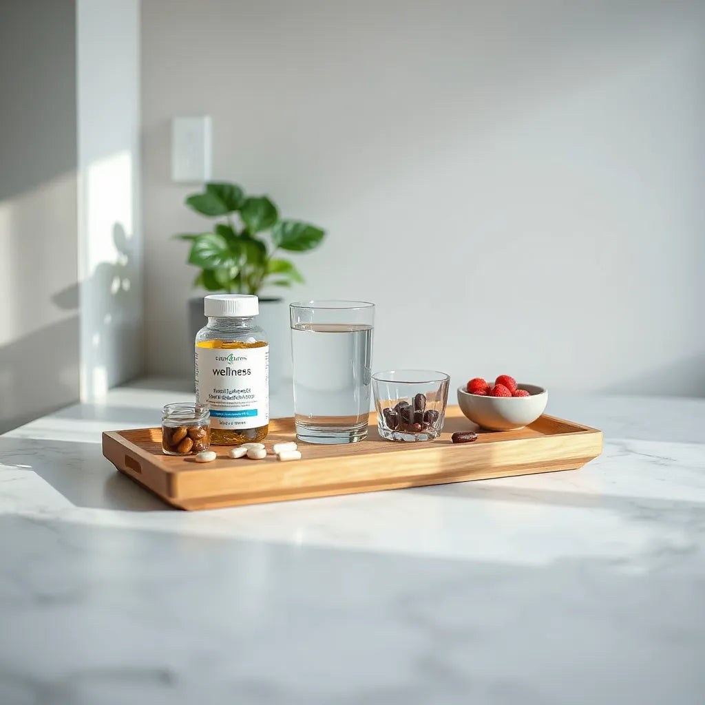 Natural supplement bottles, capsules, water, and berries on a wooden tray with soft morning light