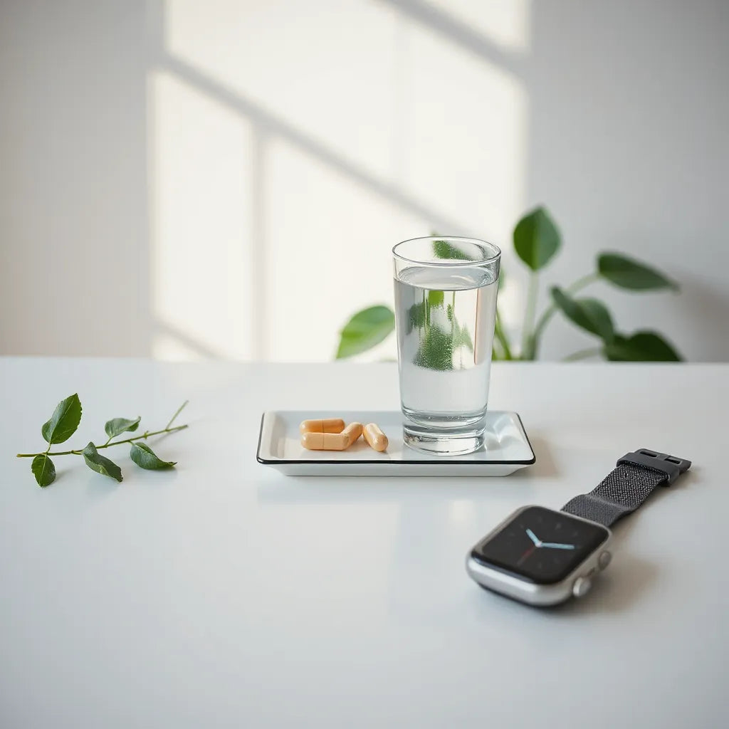 Supplement capsules and water on a clean countertop under soft morning light for longevity wellness