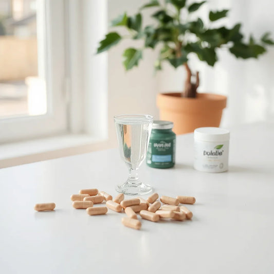 Minimal countertop with supplement capsules and glass of water under soft natural light