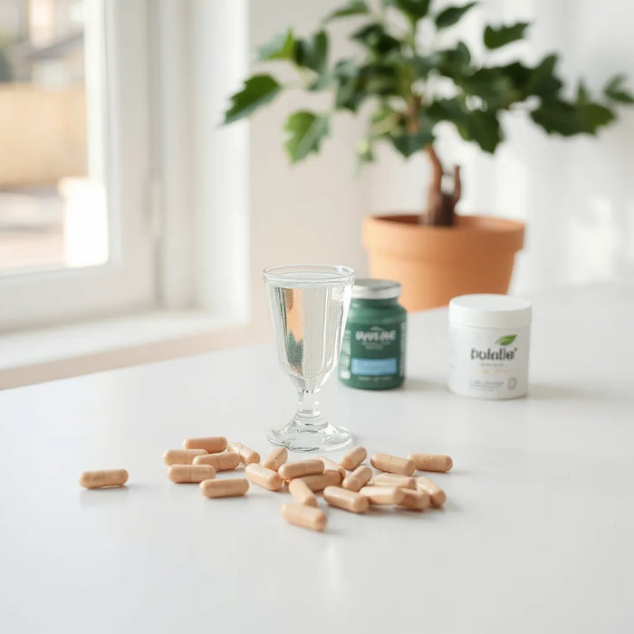 Minimal countertop with supplement capsules and glass of water under soft natural light