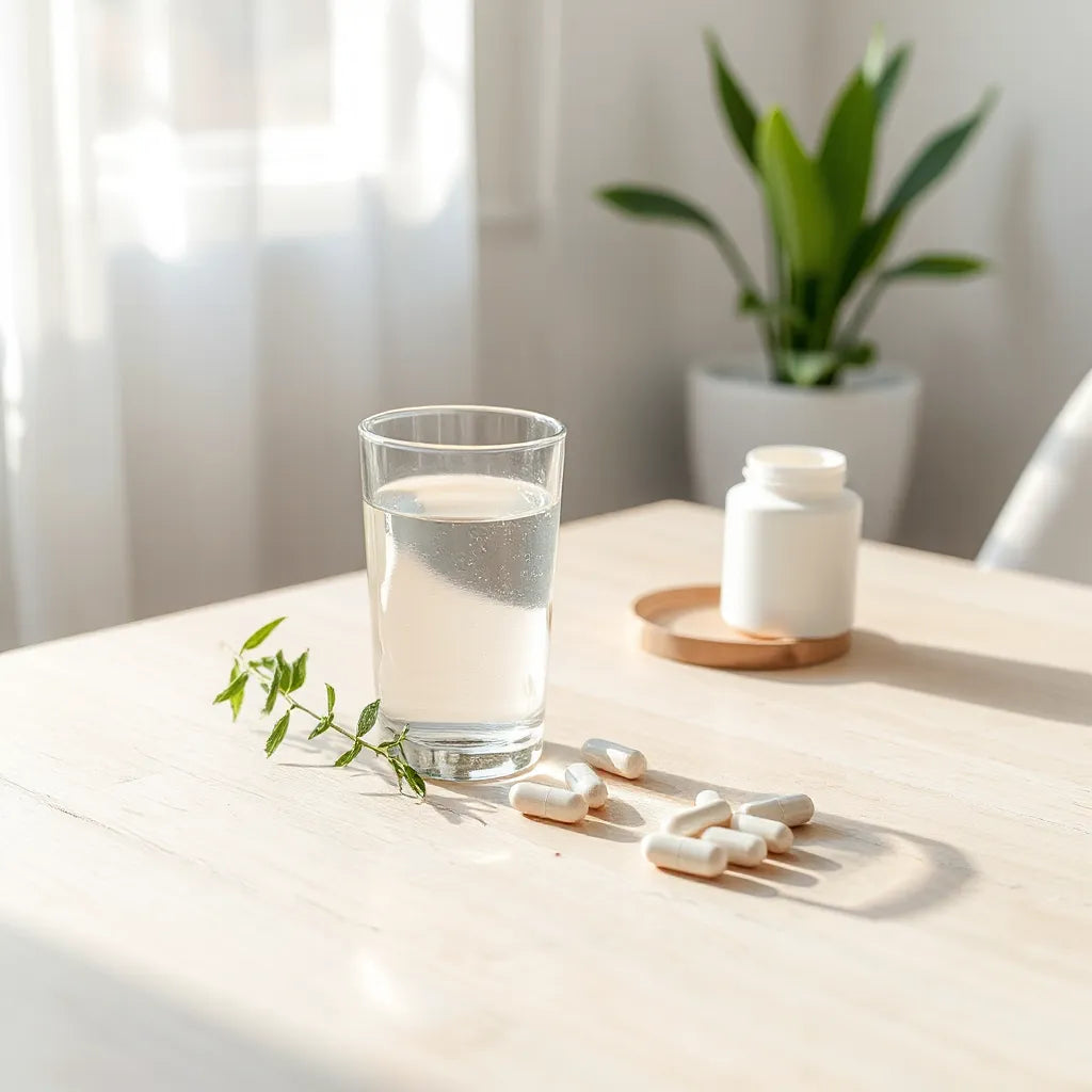 Minimal wellness setup with supplement capsules, a glass of water, and a plant sprig in soft morning light
