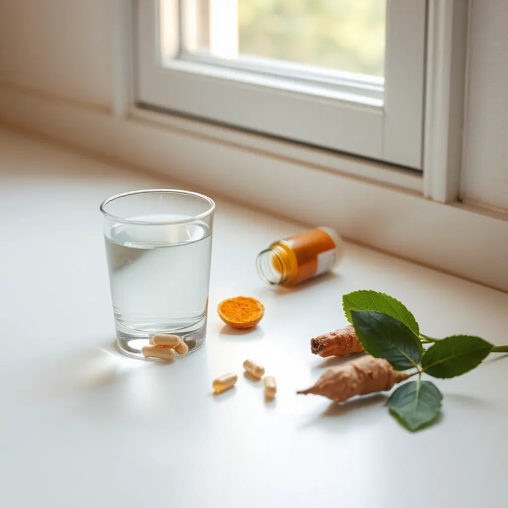 Minimal countertop with a jar of capsules, water glass, and natural supplement ingredients in soft morning light