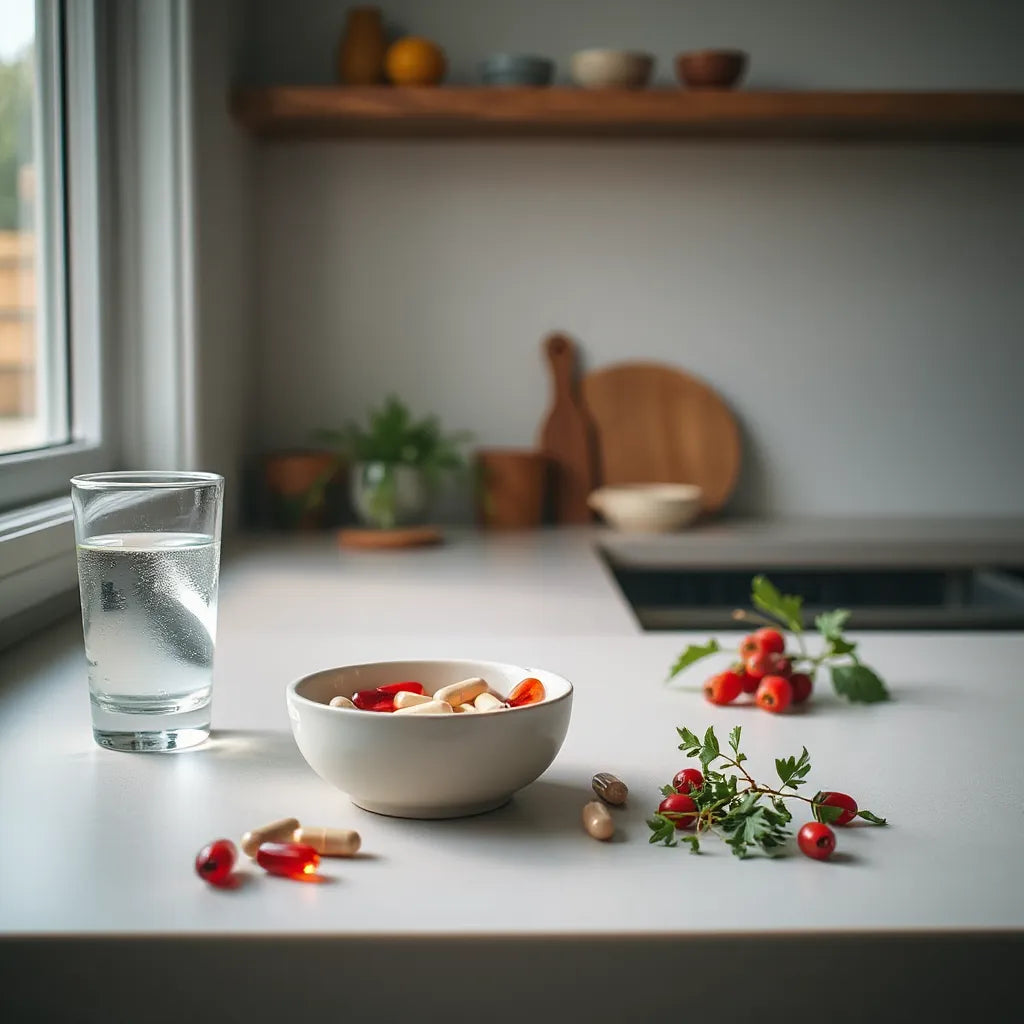 Neatly arranged wellness supplements with water and fresh ingredients on a clean countertop