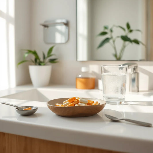 Dietary supplements on a clean countertop with water and capsules under soft morning light
