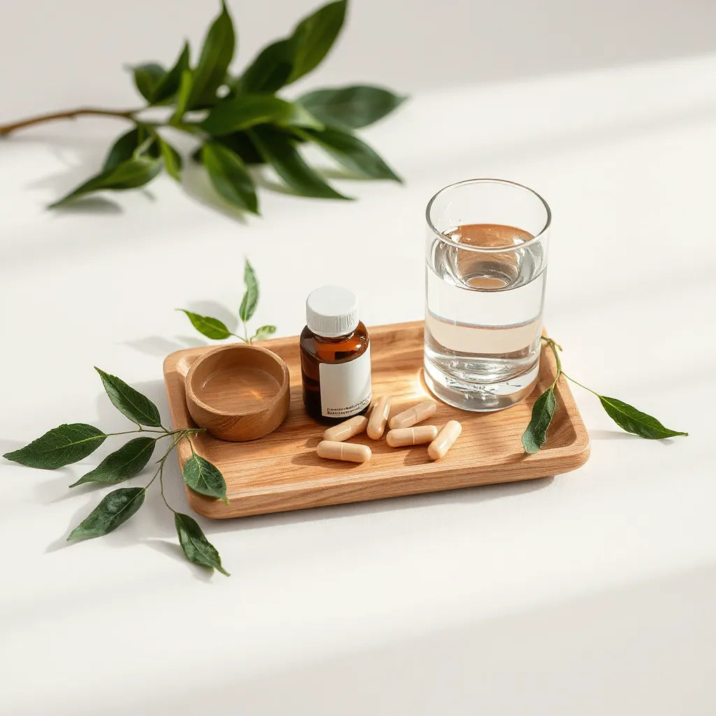 Supplements, capsules, and water on a minimalist tray with fresh green leaves in soft morning light