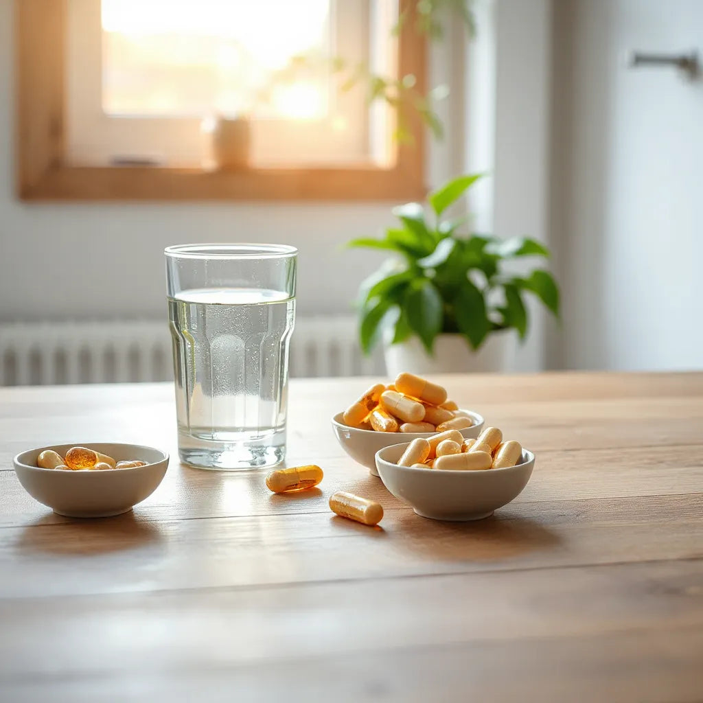 Assorted unlabeled supplement capsules and tablets beside water on a clean countertop with soft natural light