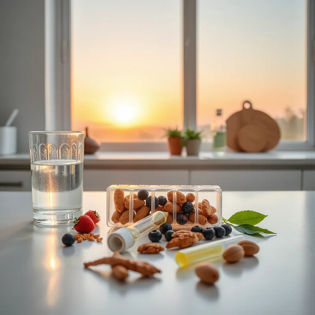 Sunrise wellness scene with water, a pill organizer, and natural ingredients for longevity support