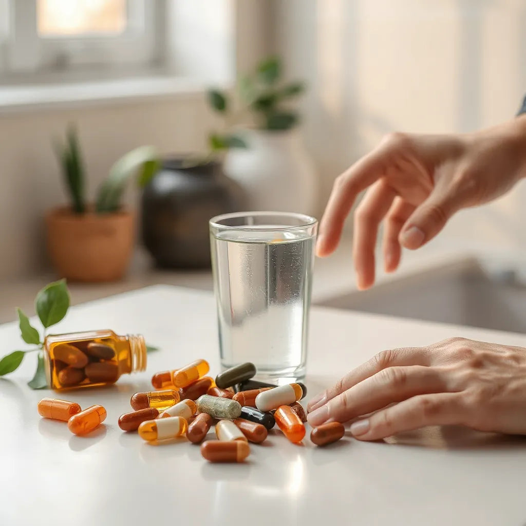Wellness supplement capsules beside a glass of water with warm light and soft natural greenery in the background