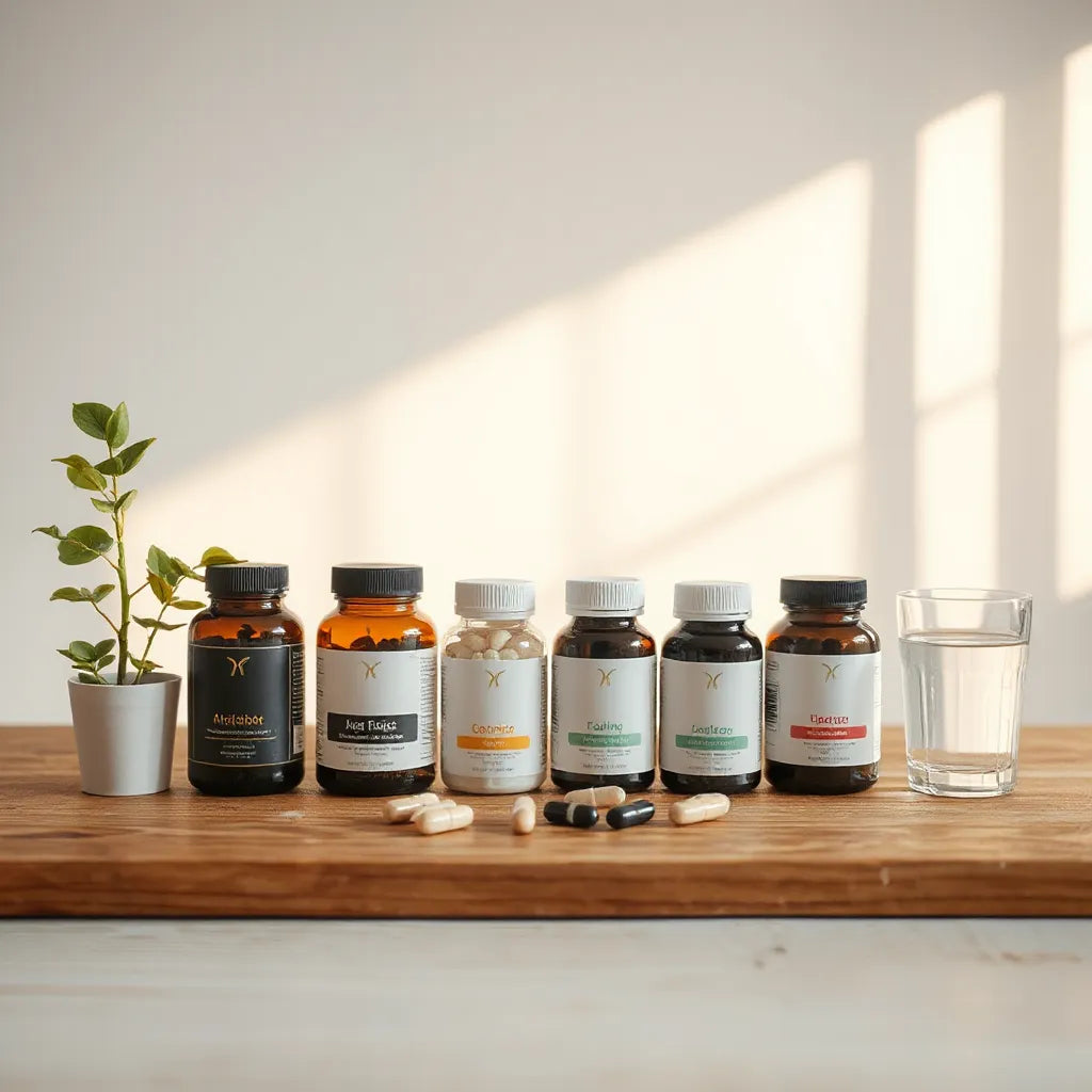 Clean wellness setup with supplement bottles and capsules beside water and a plant under soft natural light
