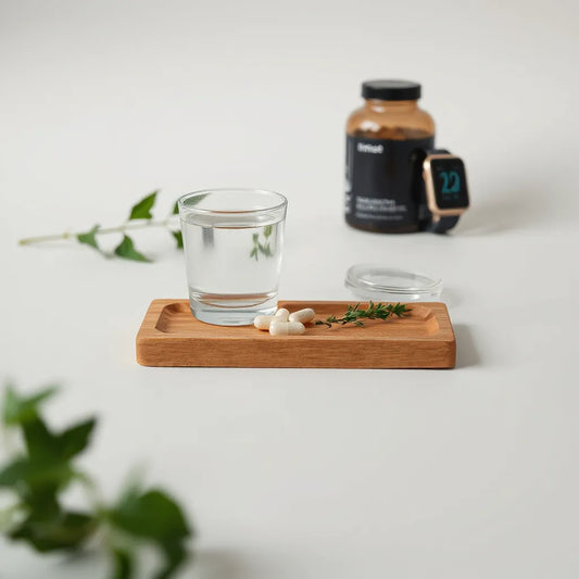 Assorted capsules on a wooden tray with water and herbs, suggesting anti-aging longevity supplement support