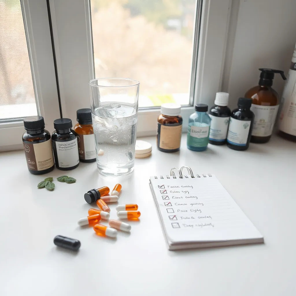 Assortment of supplements and a handwritten checklist on a calm wellness desk by morning light