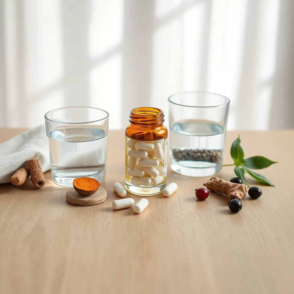 Supplements bottle and natural ingredients on a wooden table in soft morning light