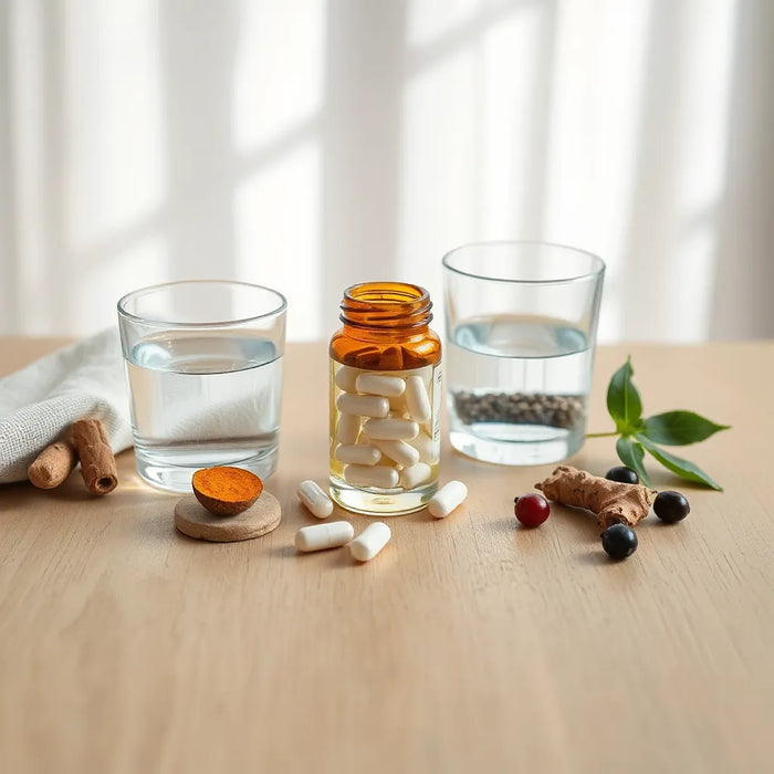 Supplements bottle and natural ingredients on a wooden table in soft morning light