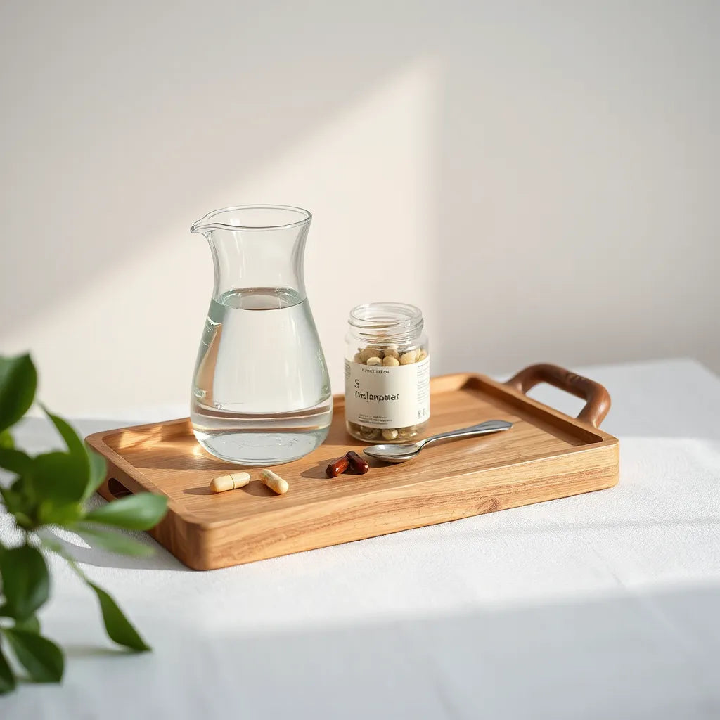 Minimal wellness tray with capsules and supplement jars under soft morning light for longevity and anti-aging guidance