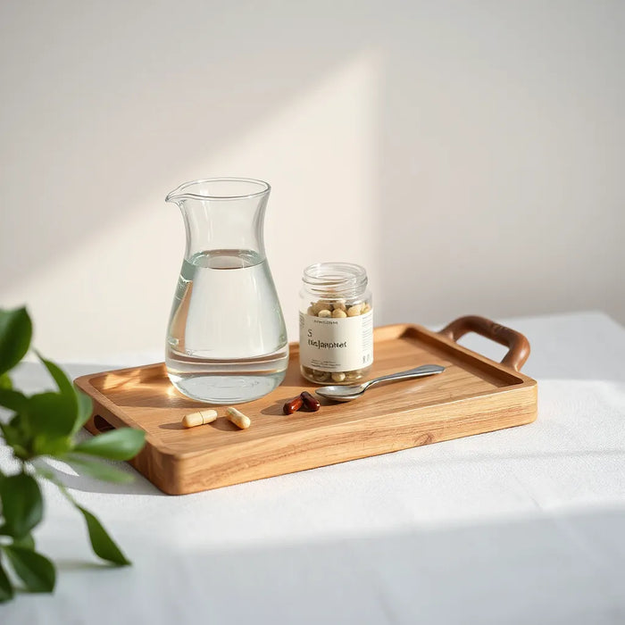 Minimal wellness tray with capsules and supplement jars under soft morning light for longevity and anti-aging guidance