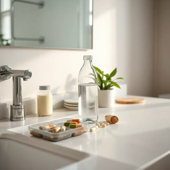 Morning vanity scene with supplement organizer, capsules, and water for anti-aging longevity support