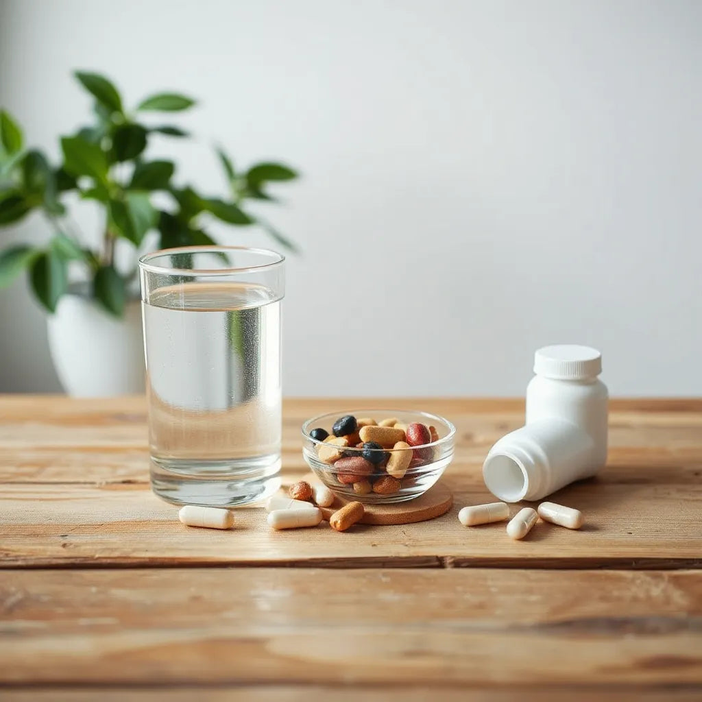 Assorted wellness supplements, capsules, and healthy ingredients on a sunlit table for longevity support.