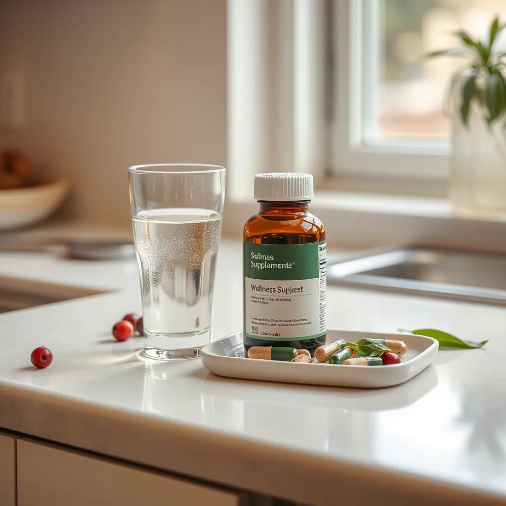 Minimal wellness setup with supplements, water, and natural ingredients under soft morning light