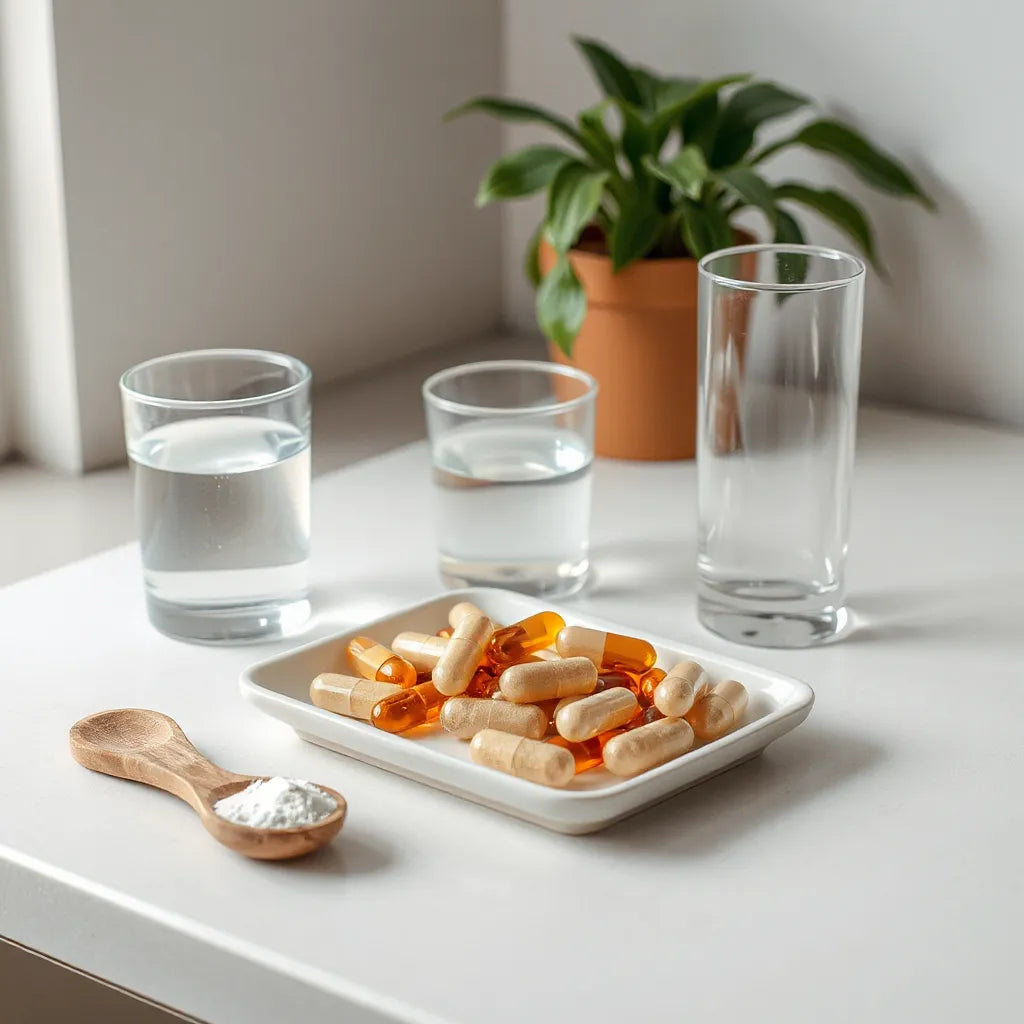 Natural supplement capsules and powders with water on a clean countertop for longevity and anti-aging wellness