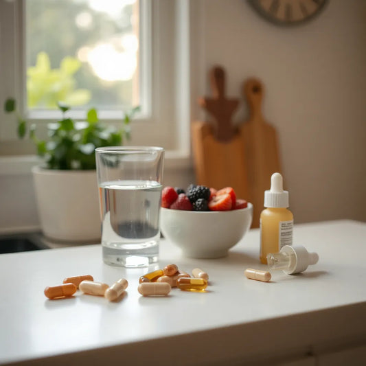 Minimal countertop scene with capsules, water, berries, and soft morning light for longevity and anti-aging wellness