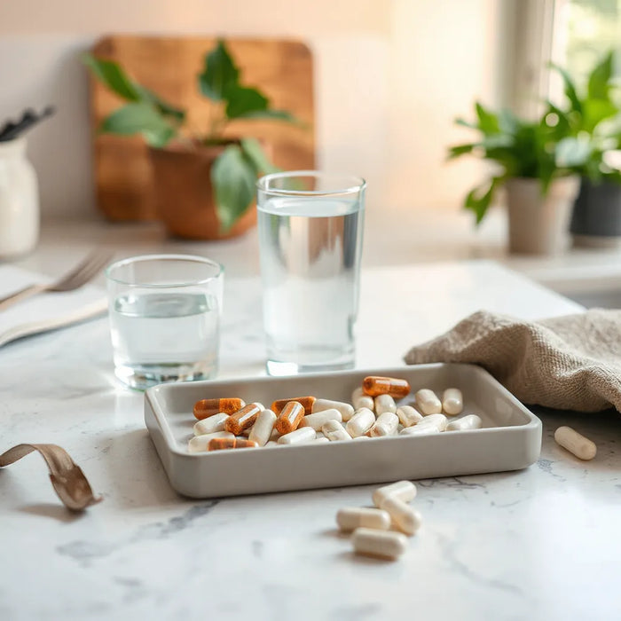 Assorted unlabeled supplements beside a glass of water on a clean countertop with warm, healthy lighting